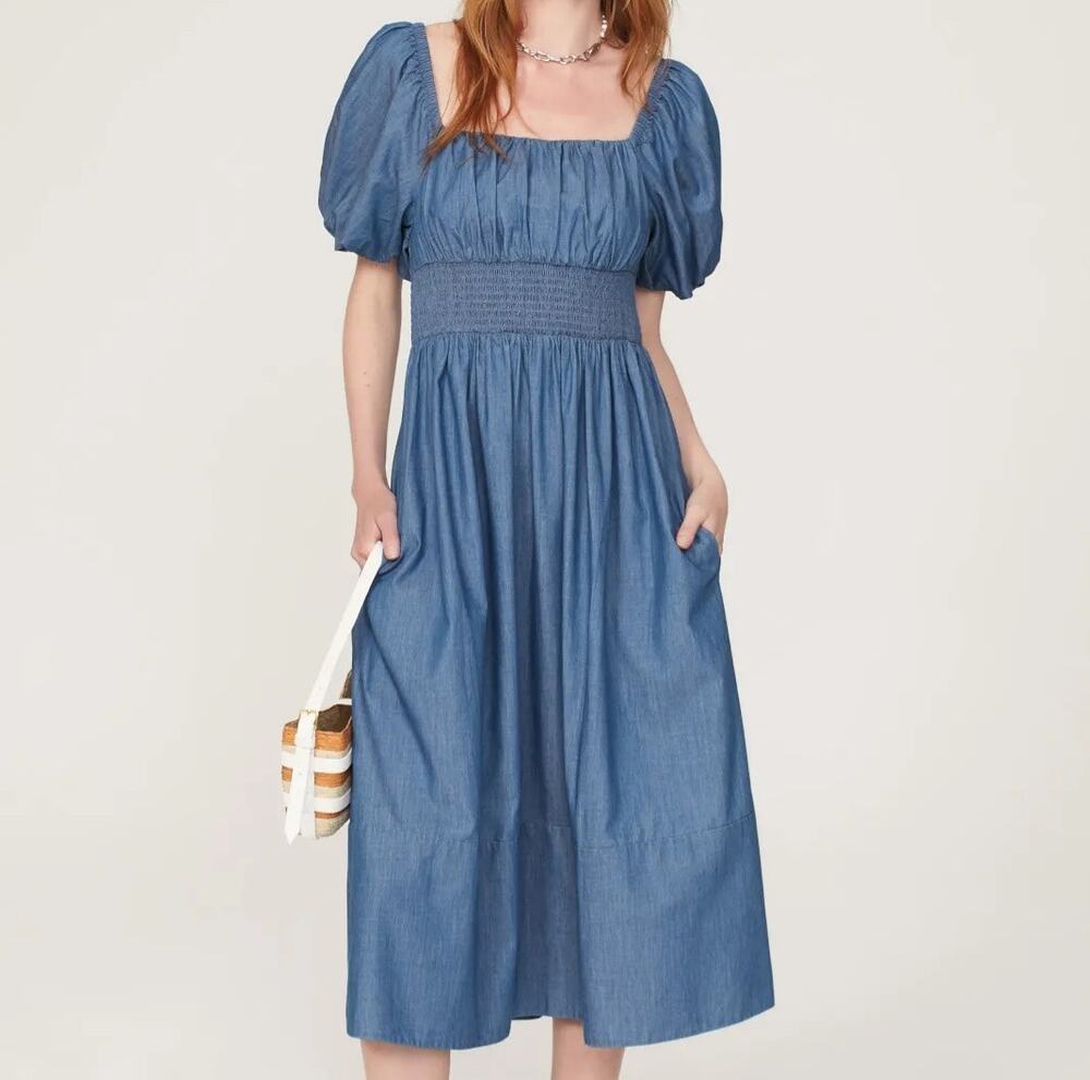 Jason Wu Linen Blend Chambray Square Neck Puff Sleeve Midi Dress size 6 Milkmaid